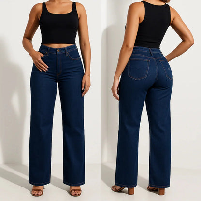Jeans Mujer Recto de Corte Slim con Efecto Realce – Denim Azul Lavado