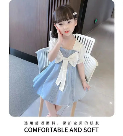 Vestido Infantil de Mezclilla para Niña – Estilo Princesa con Bordado y Lazo