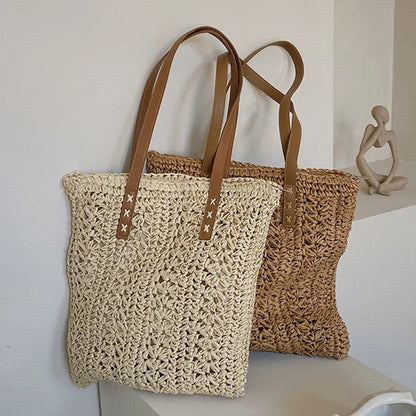 Bolso de Hombro Tejido a Mano de Raffia – Tote Bohemio de Verano para Playa y Viajes