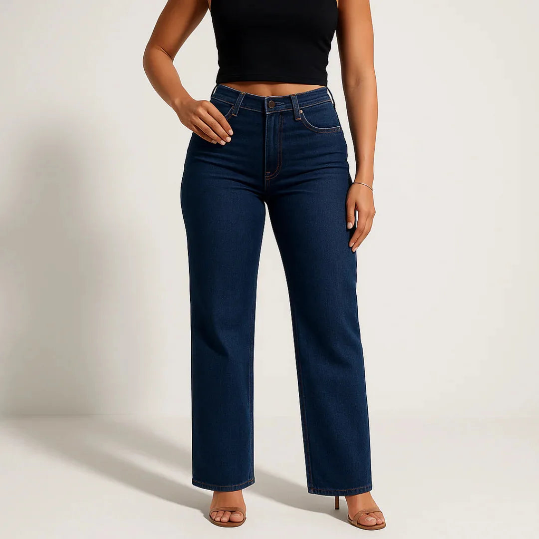 Jeans Mujer Recto de Corte Slim con Efecto Realce – Denim Azul Lavado