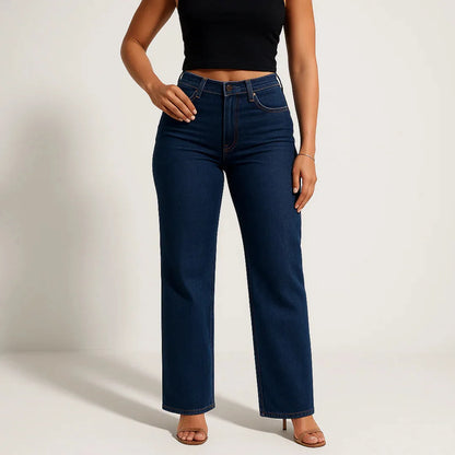 Jeans Mujer Recto de Corte Slim con Efecto Realce – Denim Azul Lavado