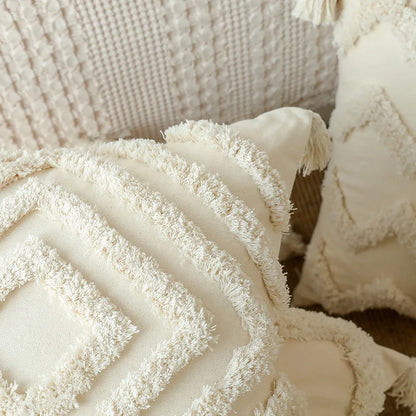 Funda de Cojín de Algodón con Relieve y Borlas – Estilo Retro para Decoración del Hogar