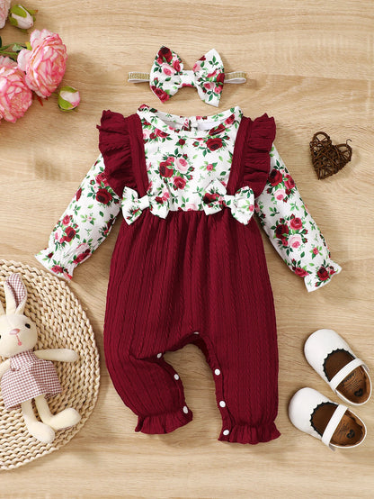 🌸 "Jardín de Ternura": Conjunto de Mameluco Floral con Lazo y Diadema a Juego