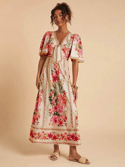 🌸 Vestido Maxi Floral con Mangas Volante y Escote en V con Lazo – Elegancia Atemporal