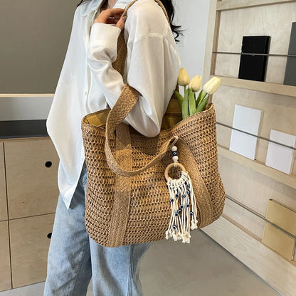Bolso de Paja Tejido para Mujer – Tote Bohemio de Verano con Gran Capacidad