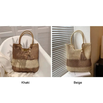 Bolso tejido de paja con Borlas – Tote Grande y Ligero para Viajes y Verano