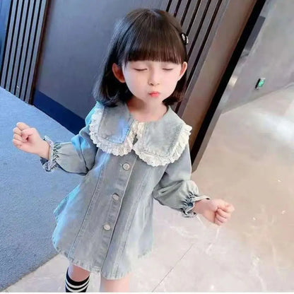 Vestido Infantil de Mezclilla para Niña – Estilo Princesa con Bordado y Lazo