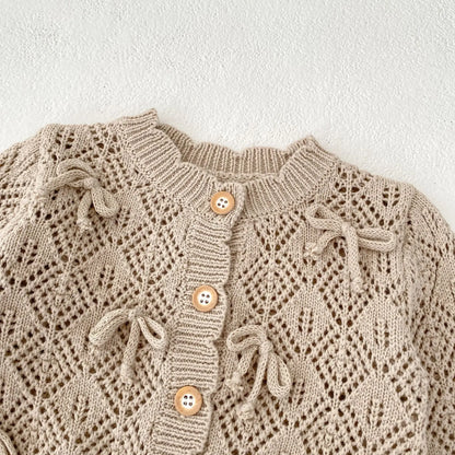 Cárdigan Tejido Infantil para Bebé – Chaqueta Calada con Lazo para Primavera y Otoño