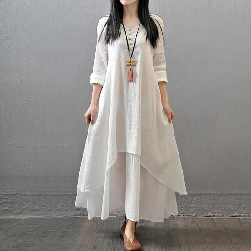 Vestido Largo de Lino Blanco para Mujer – Estilo Bohemio Vintage de Otoño