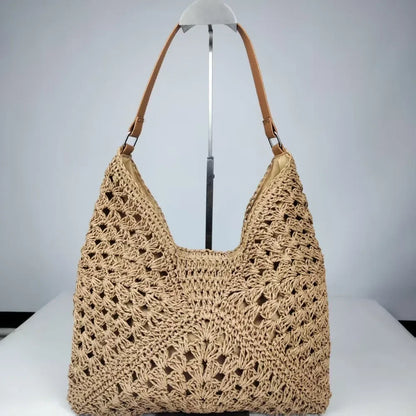 Bolso de Hombro Tejido de Paja Estilo Crochet – Bolso de Verano Casual para Playa y Viajes
