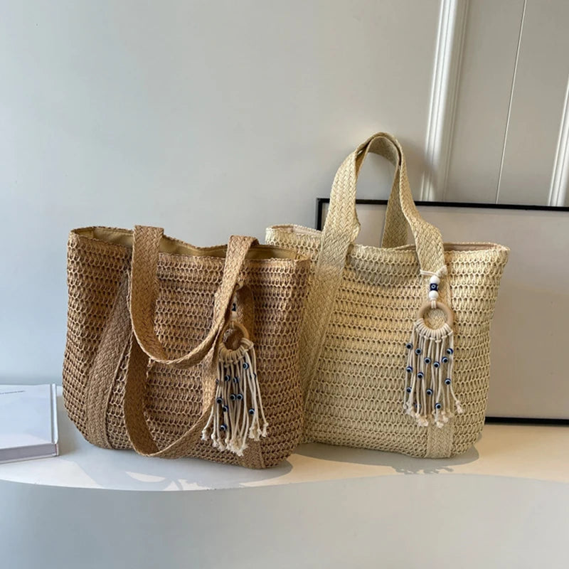 Bolso de Paja Tejido para Mujer – Tote Bohemio de Verano con Gran Capacidad