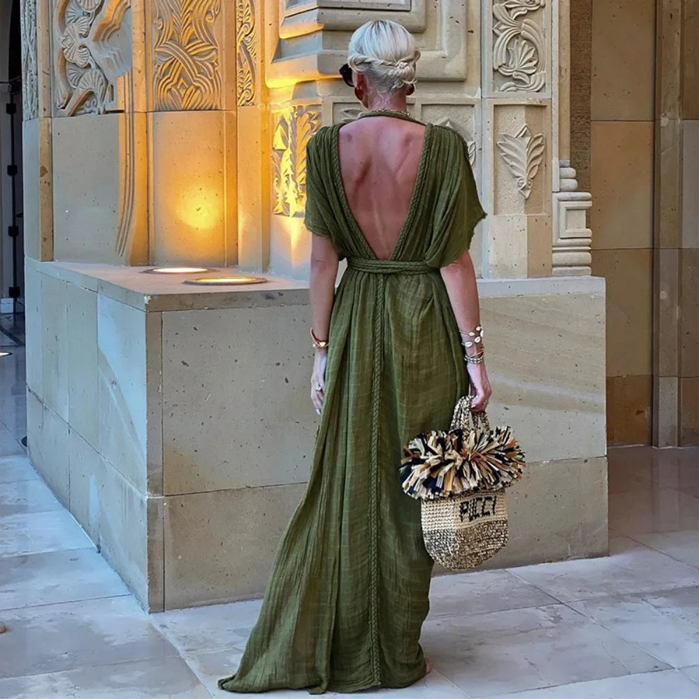 Vestido Bohemio Largo Verde para Mujer – Vestido de Verano Elegante con Aberturas Laterales y Espalda Descubierta