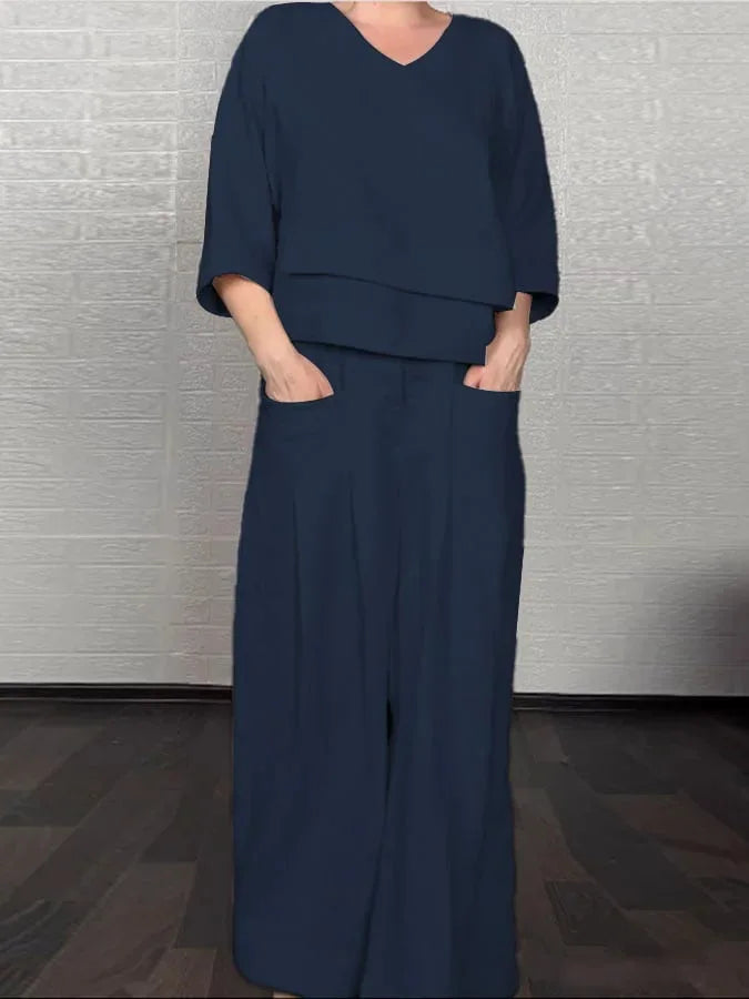 Conjunto Elegante Dúo – Blusa de Cuello en V + Pantalón Palazzo con Bolsillos