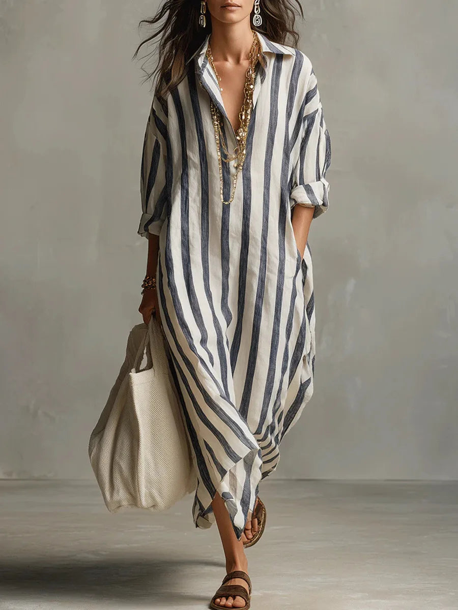 Vestido Casual a Rayas con Cuello en V y Manga 3/4