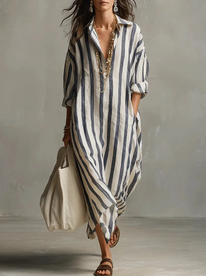 Vestido Casual a Rayas con Cuello en V y Manga 3/4