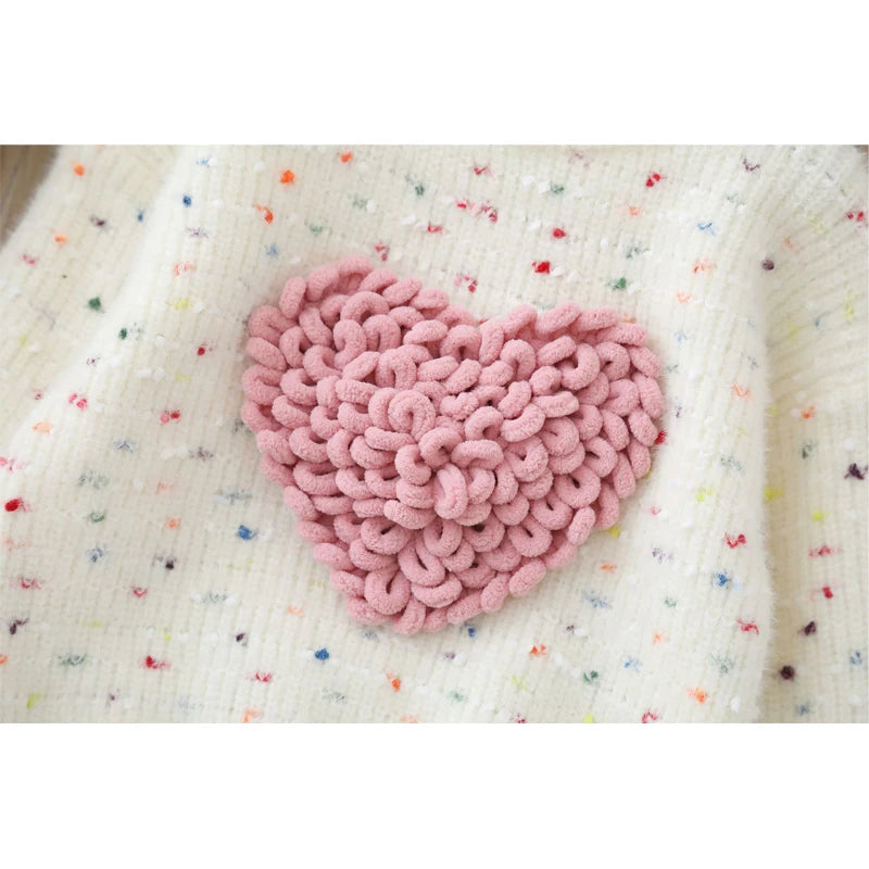 Suéter Infantil para Niña con Estampado de Corazón – Tejido Cálido de Manga Larga