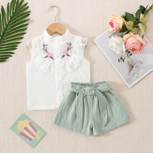 🌸 Conjunto de Verano para Niña – Top Bordado sin Mangas + Shorts de Algodón