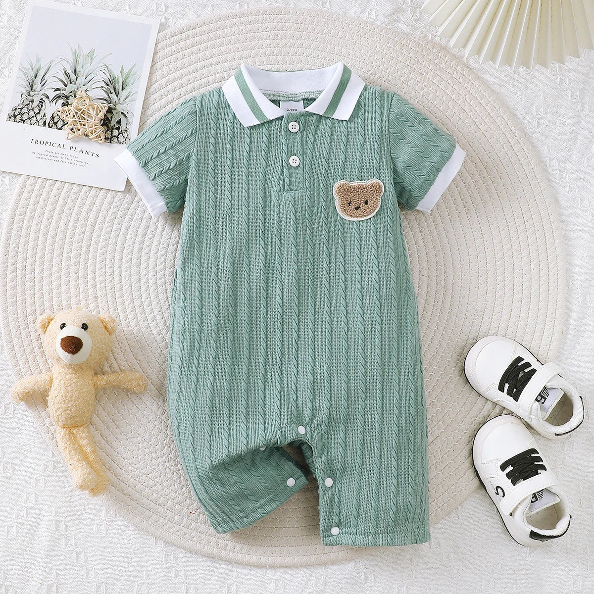🐻 Mameluco de Verano para Bebé Niño – Diseño Little Bear con Cuello Clásico