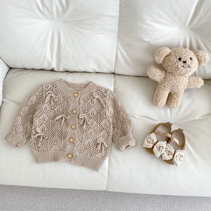 Cárdigan Tejido Infantil para Bebé – Chaqueta Calada con Lazo para Primavera y Otoño