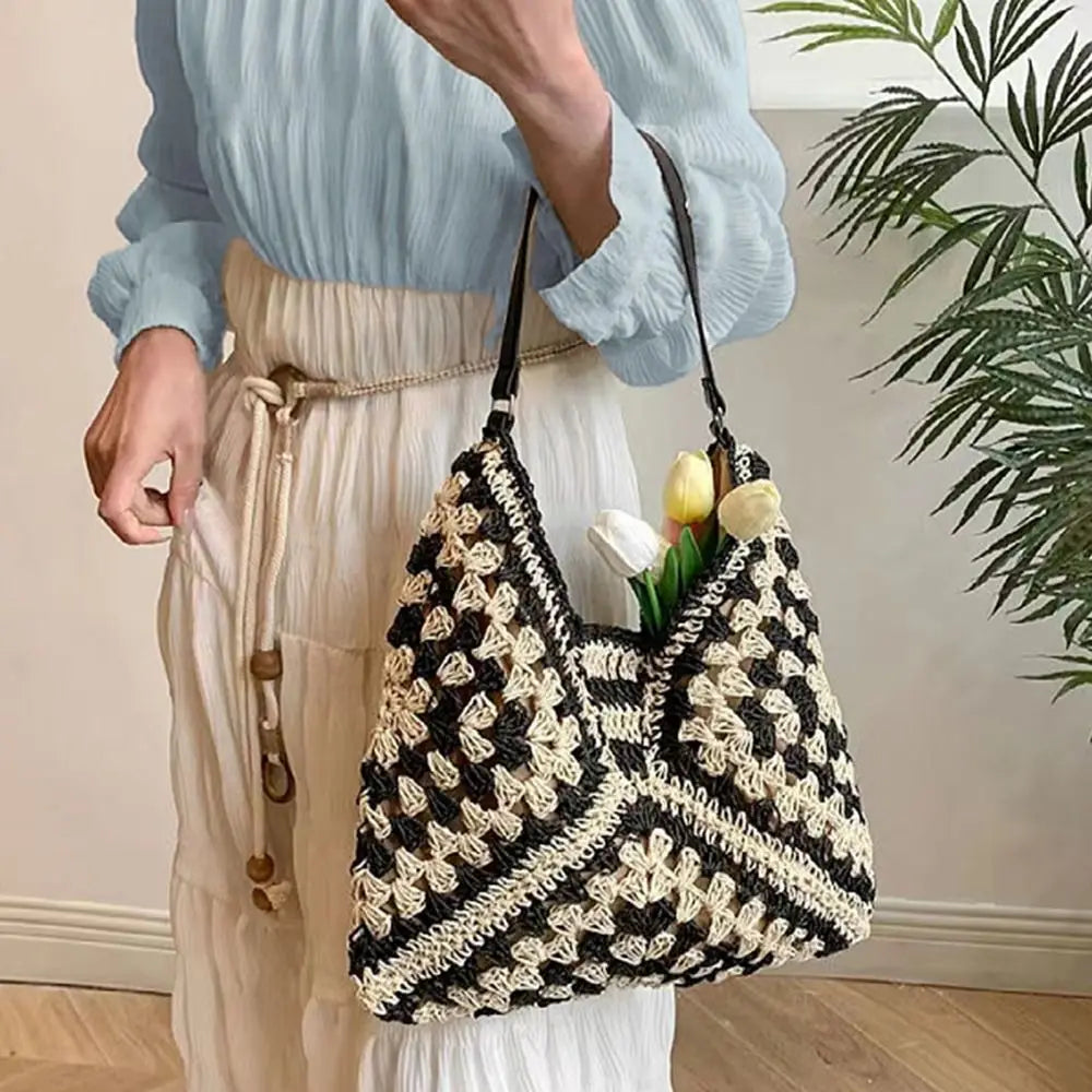 Bolso de Hombro Tejido de Paja Estilo Crochet – Bolso de Verano Casual para Playa y Viajes