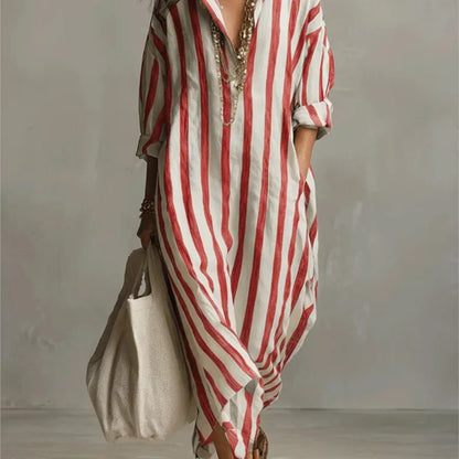 Vestido Casual a Rayas con Cuello en V y Manga 3/4