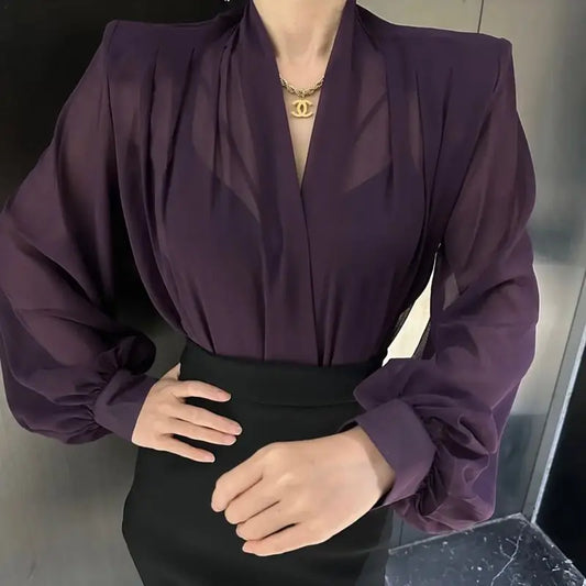 Blusa Elegante Aura, Estilo Francés - Manga Larga y Cuello en V