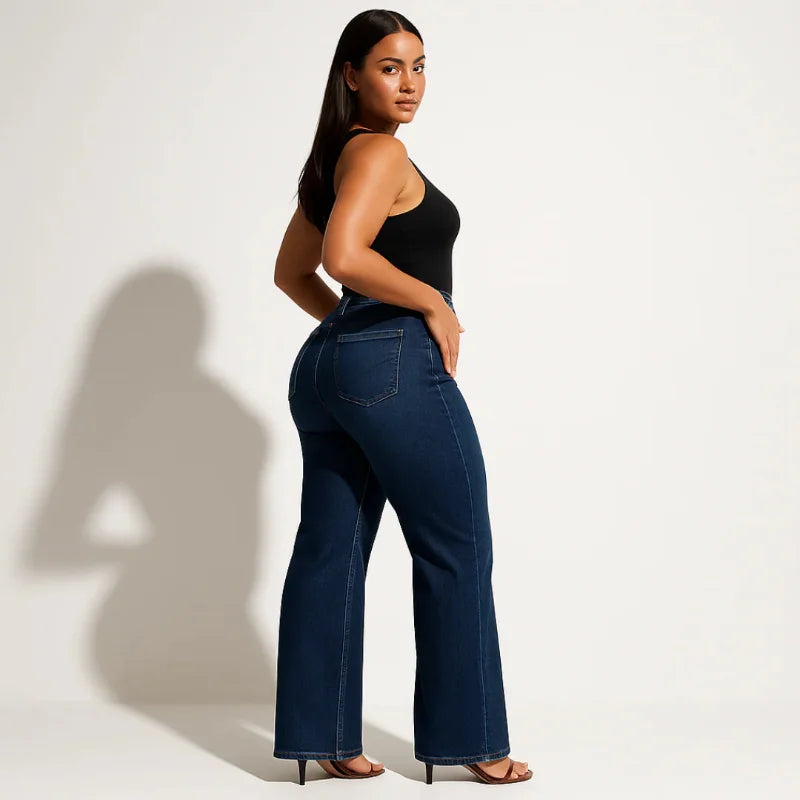 Jeans Mujer Recto de Corte Slim con Efecto Realce – Denim Azul Lavado