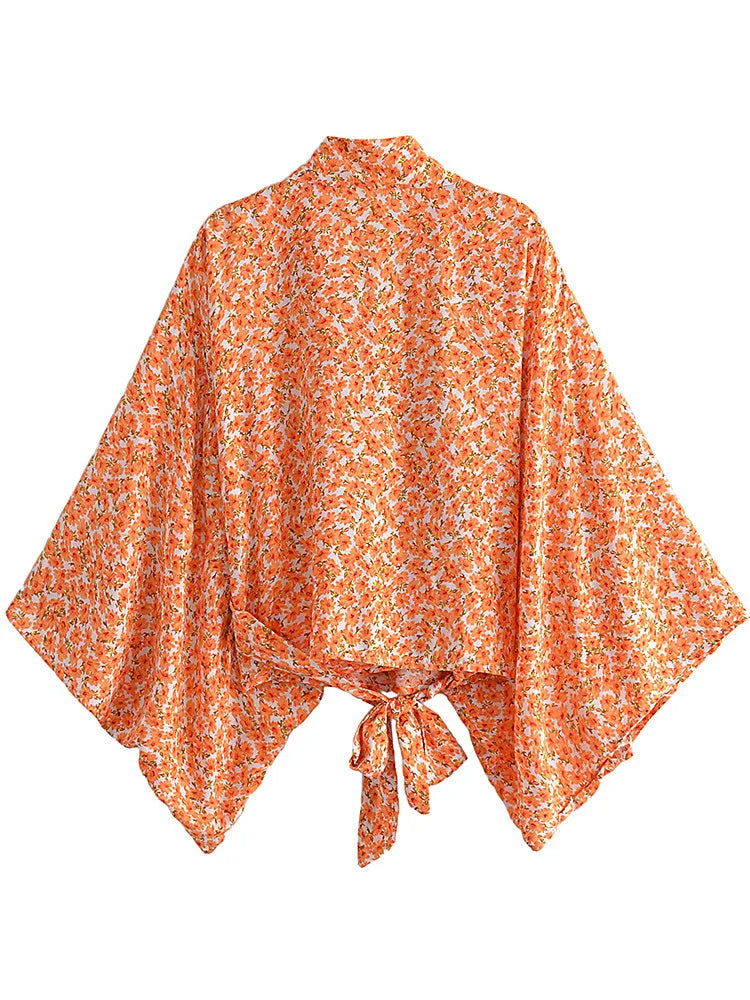 Top Kimono Corto Floral para Mujer – Estilo Bohemio de Playa con Escote en V