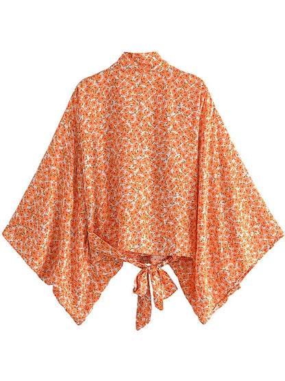 Top Kimono Corto Floral para Mujer – Estilo Bohemio de Playa con Escote en V