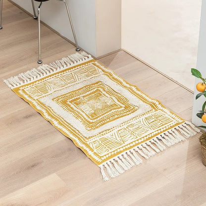 Alfombra Artesanal con Borlas Estilo Nórdico y Marroquí – Decoración Bohemia para Dormitorio y Sala