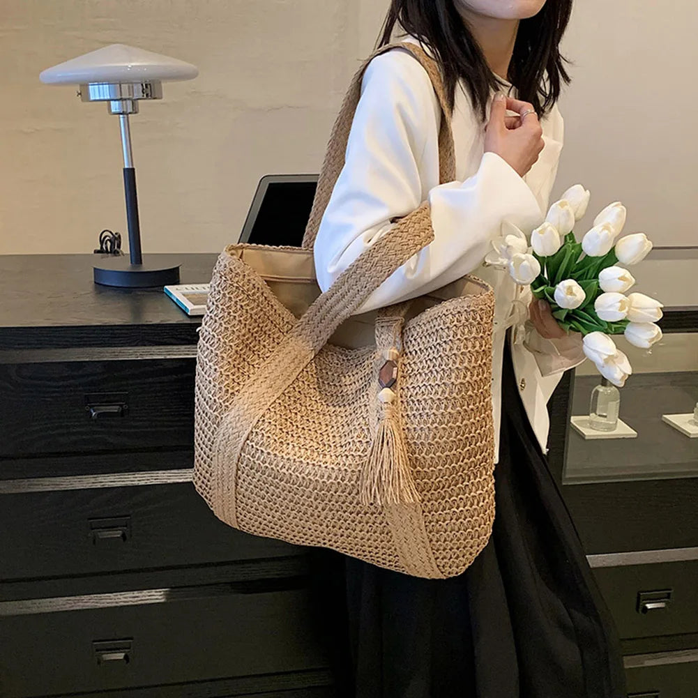 Bolso Tote Tejido de Verano para Mujer – Gran Capacidad con Borla Decorativa