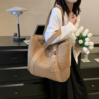 Bolso Tote Tejido de Verano para Mujer – Gran Capacidad con Borla Decorativa