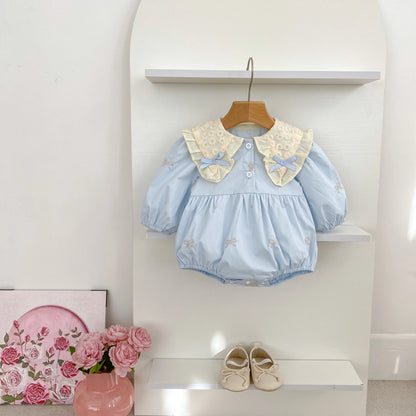 🎀 Enterito para Bebé Niña con Encaje, Moño y Bordado Floral🎀