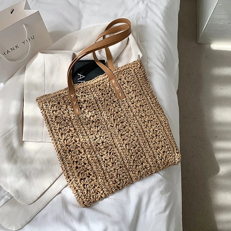 Bolso de Hombro Tejido a Mano de Raffia – Tote Bohemio de Verano para Playa y Viajes