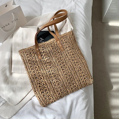 Bolso de Hombro Tejido a Mano de Raffia – Tote Bohemio de Verano para Playa y Viajes