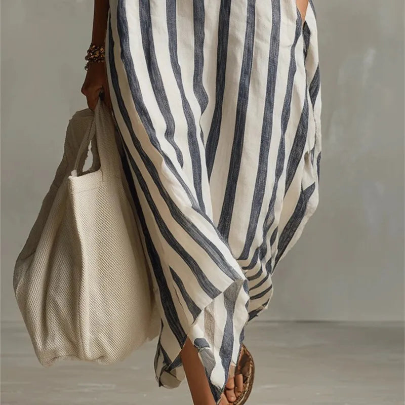 Vestido Casual a Rayas con Cuello en V y Manga 3/4