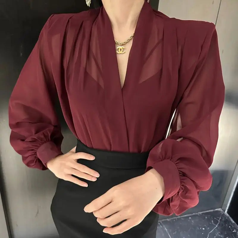 Blusa Elegante Aura, Estilo Francés - Manga Larga y Cuello en V