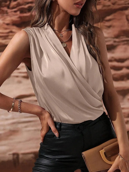 Blusa Satinada para Mujer con Escote en V – Camisa Elegante de Manga Larga Estilo Oficina