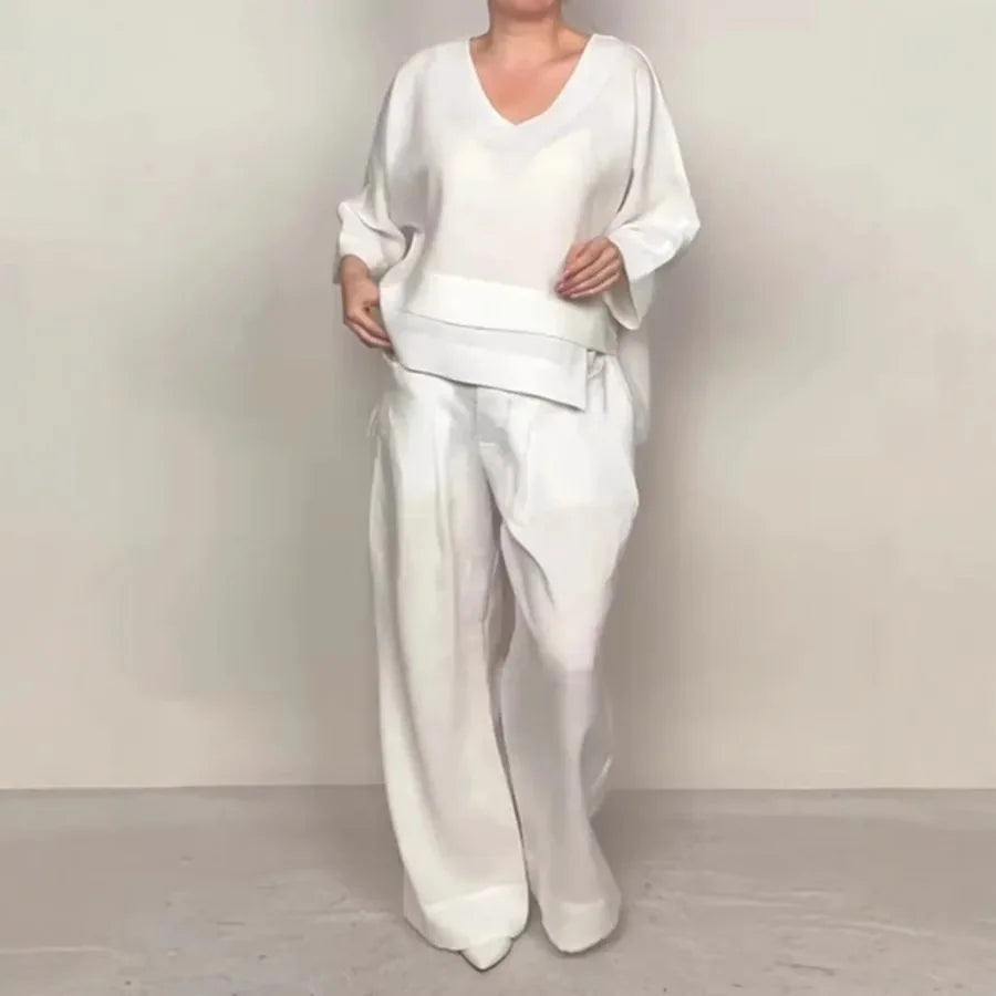 Conjunto Elegante Dúo – Blusa de Cuello en V + Pantalón Palazzo con Bolsillos