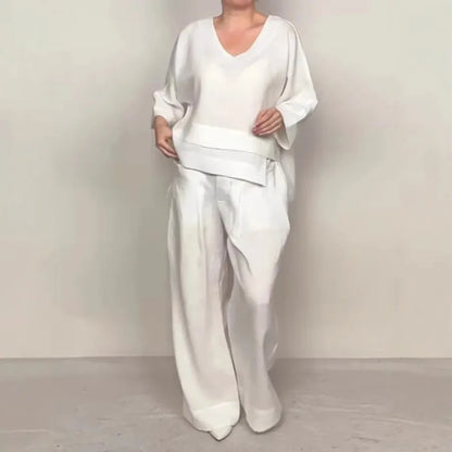 Conjunto Elegante Dúo – Blusa de Cuello en V + Pantalón Palazzo con Bolsillos