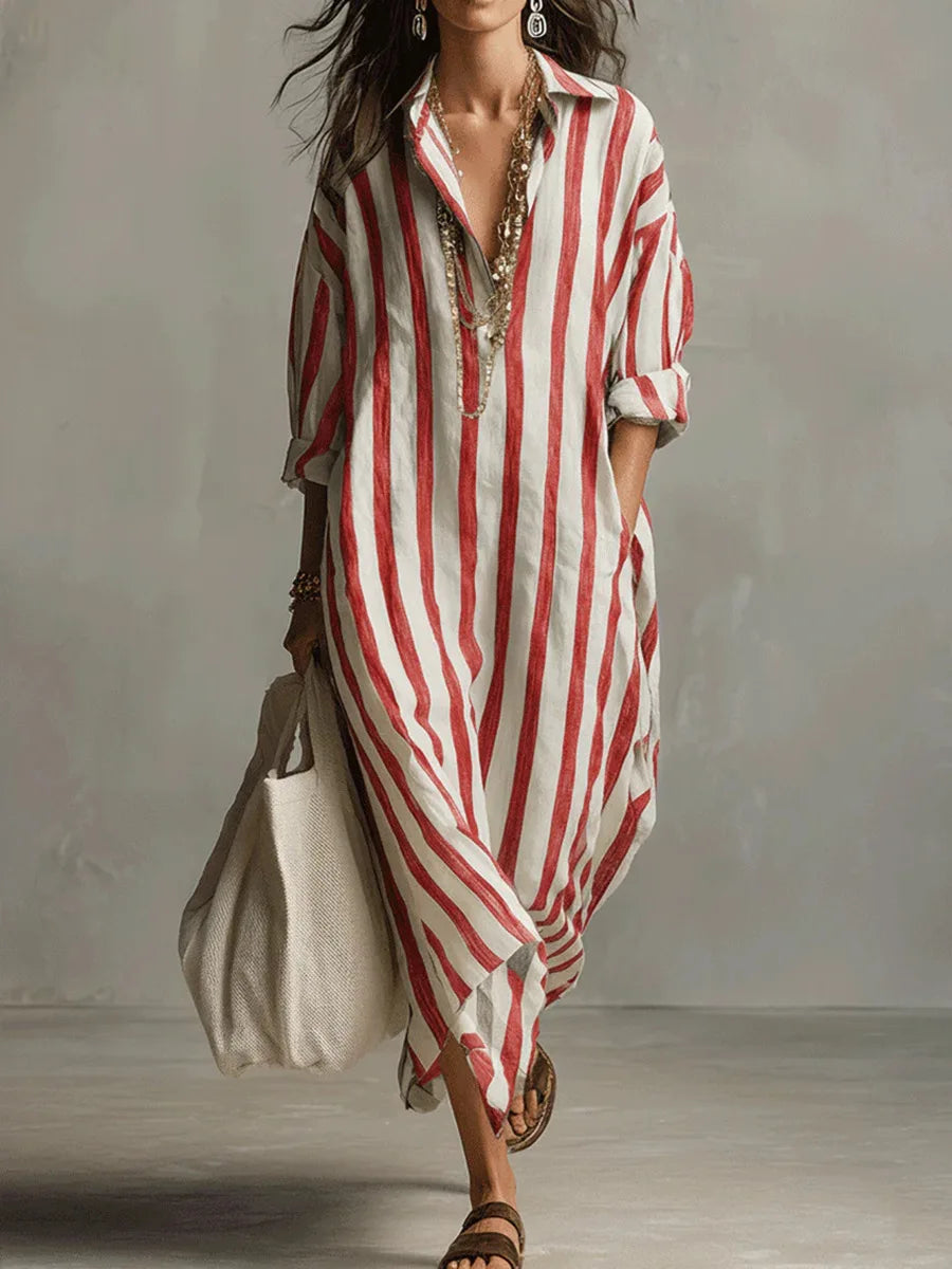 Vestido Casual a Rayas con Cuello en V y Manga 3/4