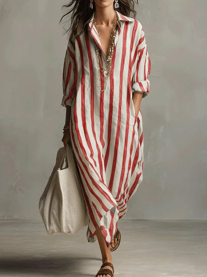 Vestido Casual a Rayas con Cuello en V y Manga 3/4