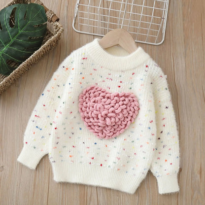 Suéter Infantil para Niña con Estampado de Corazón – Tejido Cálido de Manga Larga