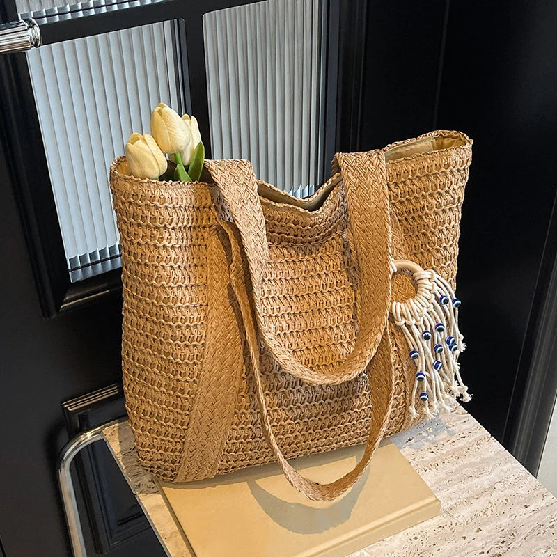 Bolso de Paja Tejido para Mujer – Tote Bohemio de Verano con Gran Capacidad