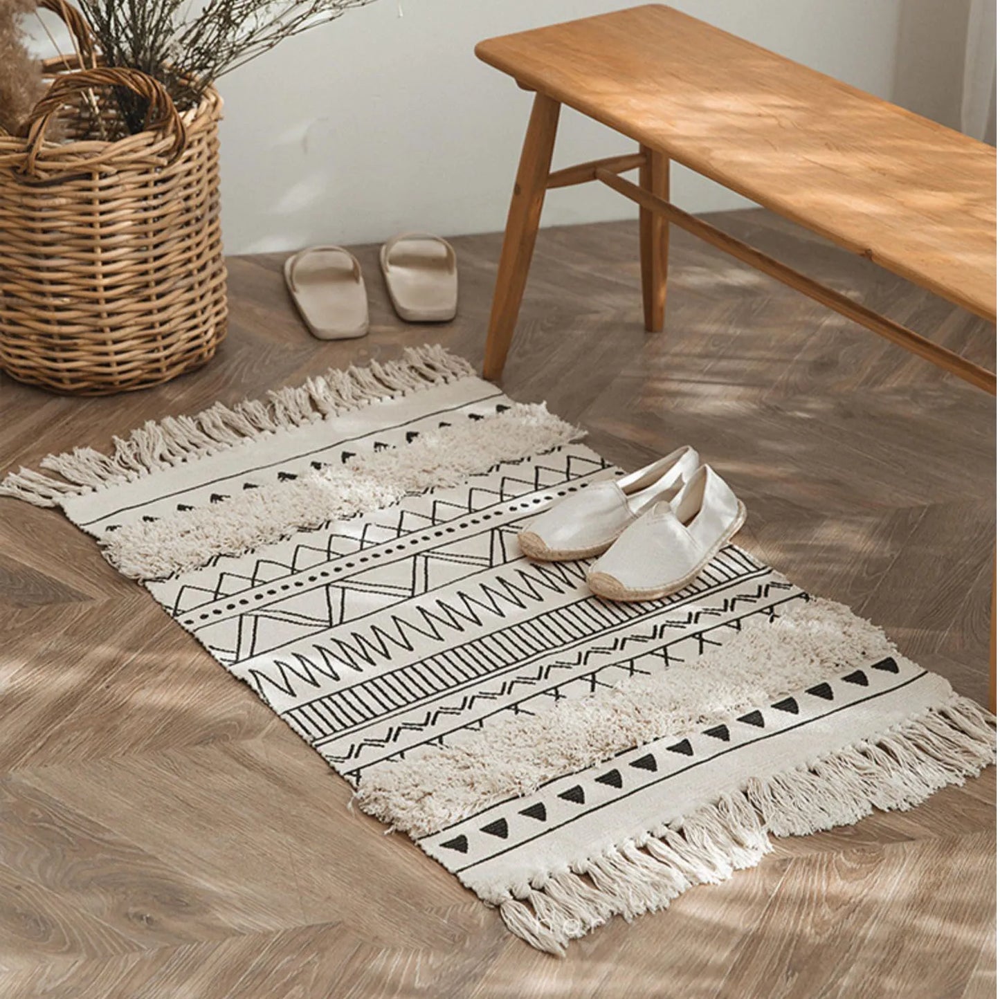 Alfombra Artesanal con Borlas Estilo Nórdico y Marroquí – Decoración Bohemia para Dormitorio y Sala