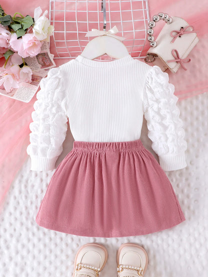 ⭐ Conjunto Dulce Infantil – Blusa con Mangas Abullonadas + Falda Rosa para Niñas (0–3 Años)