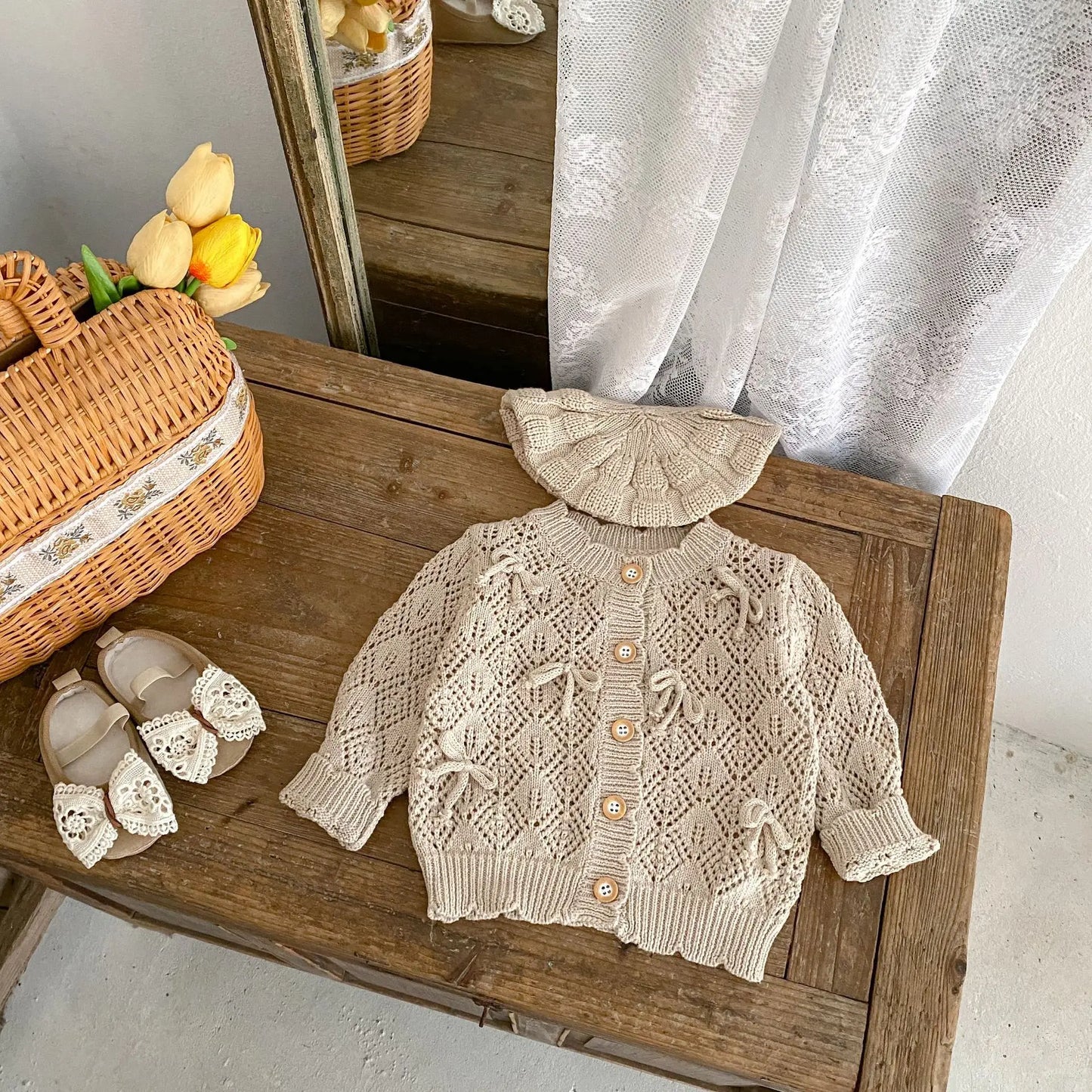 Cárdigan Tejido Infantil para Bebé – Chaqueta Calada con Lazo para Primavera y Otoño