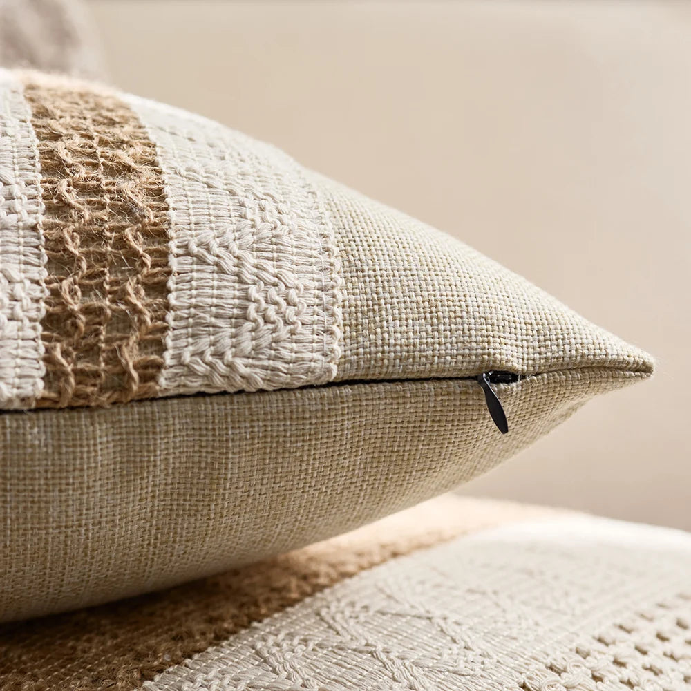🌾 Funda de Cojín Boho de Algodón y Lino con Flecos – Elegancia Artesanal para tu Espacio