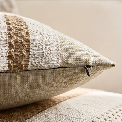 🌾 Funda de Cojín Boho de Algodón y Lino con Flecos – Elegancia Artesanal para tu Espacio