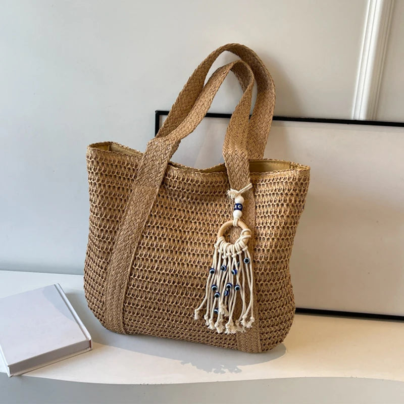 Bolso de Paja Tejido para Mujer – Tote Bohemio de Verano con Gran Capacidad